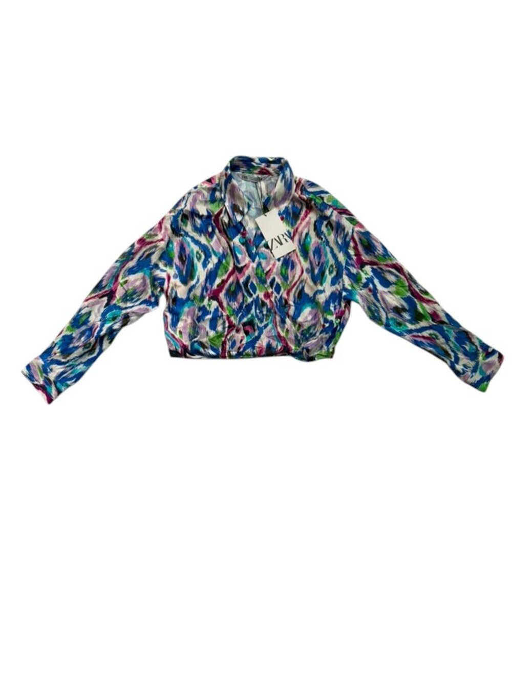 ZARA Women's Printed Cropped Wrap Blouse Size L NWT Long Sleeve Collared Top.